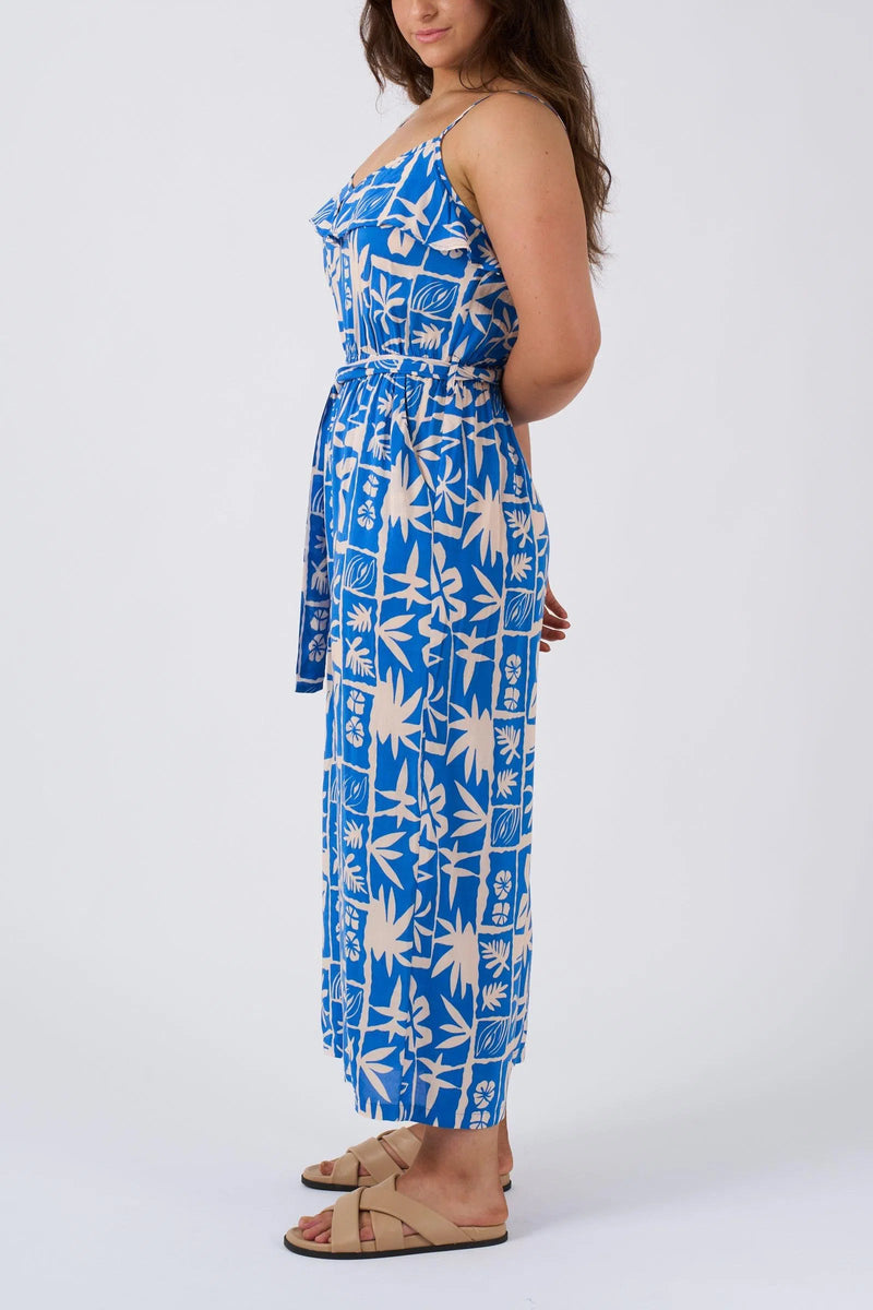 Sustainable Viscose Frill Jumpsuit - Blue Tiki