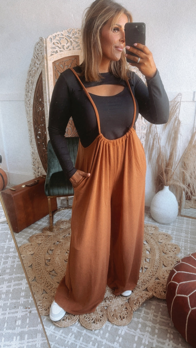 Head Over Heels Suspender Jumpsuit, Camel
