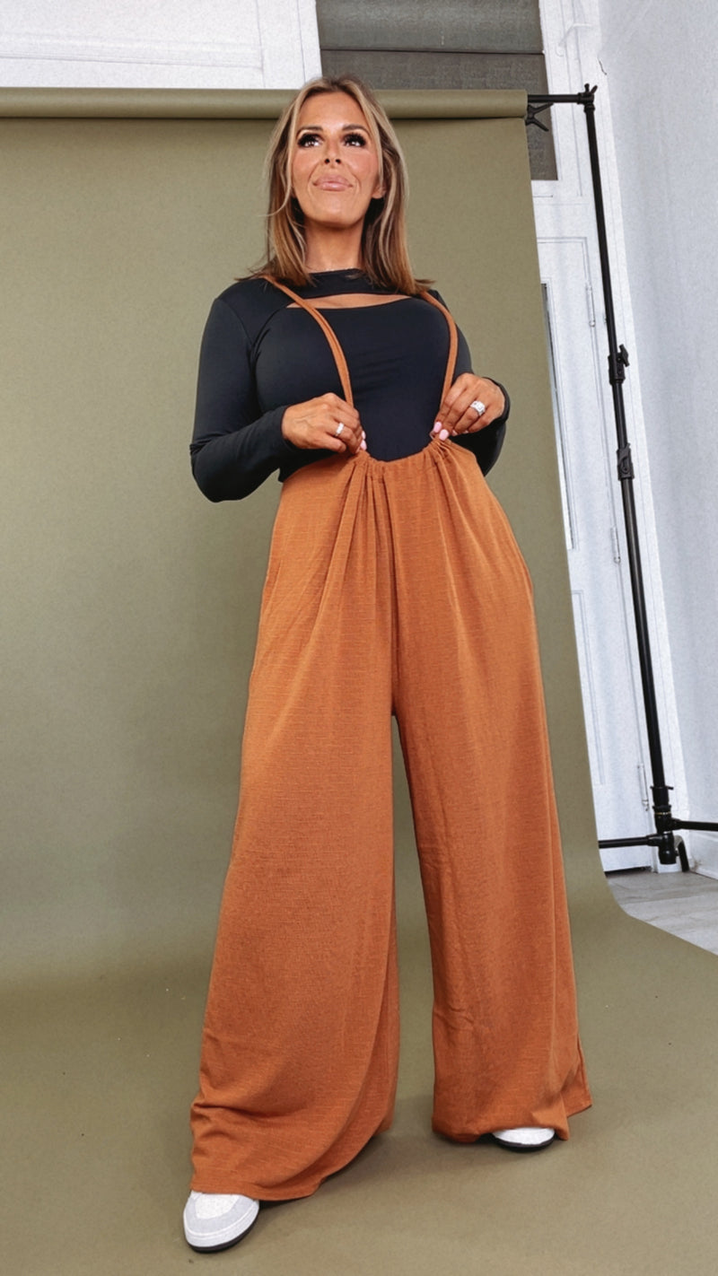 Head Over Heels Suspender Jumpsuit, Camel