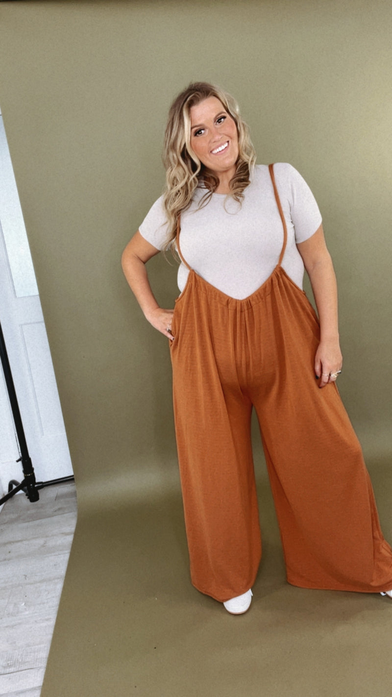Head Over Heels Suspender Jumpsuit, Camel