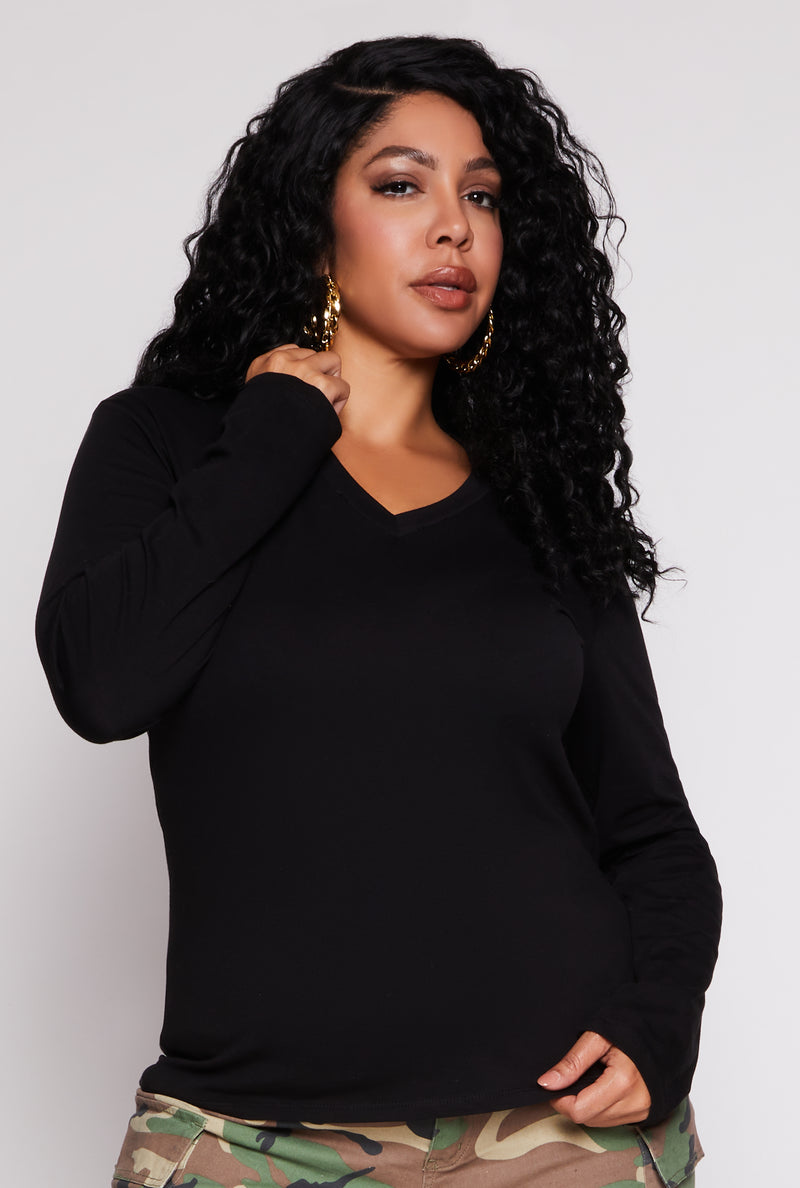 Plus Size Long Sleeve V Neck T Shirt
