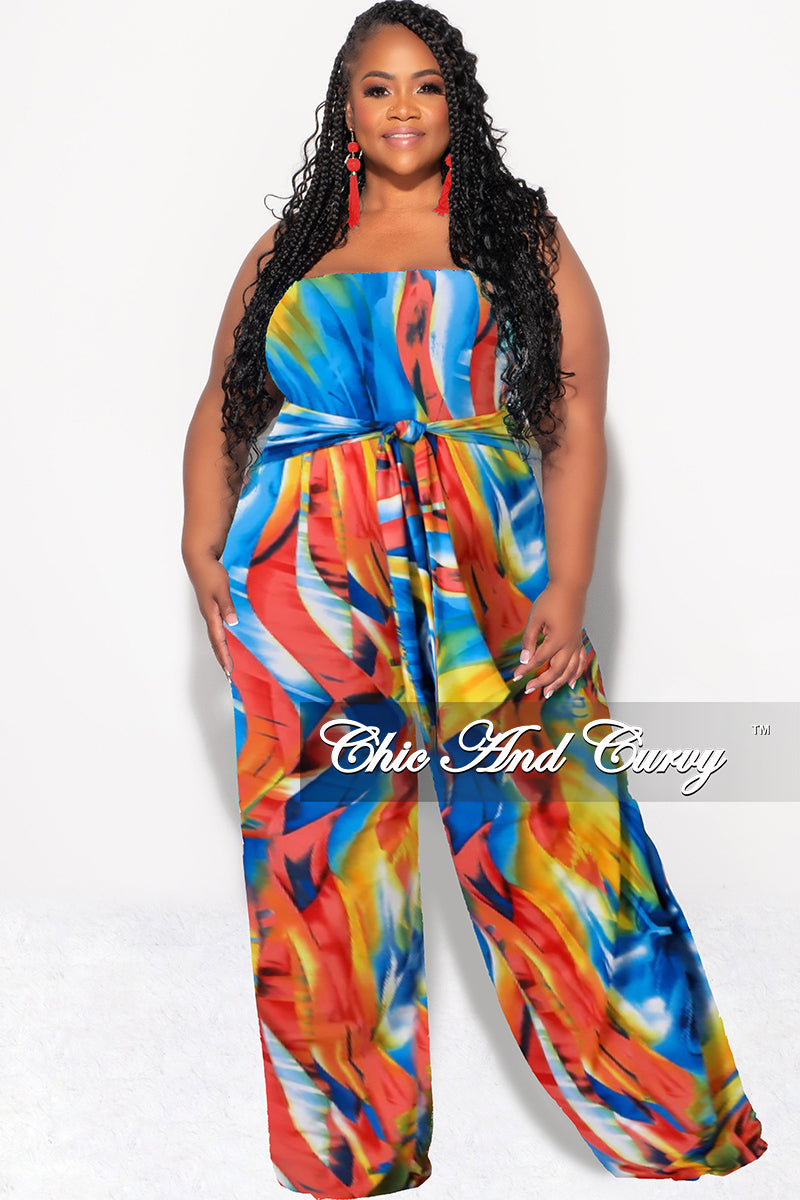 Final Sale Plus Size Strapless Jumpsuit with Waist Tie in Multi Color Print