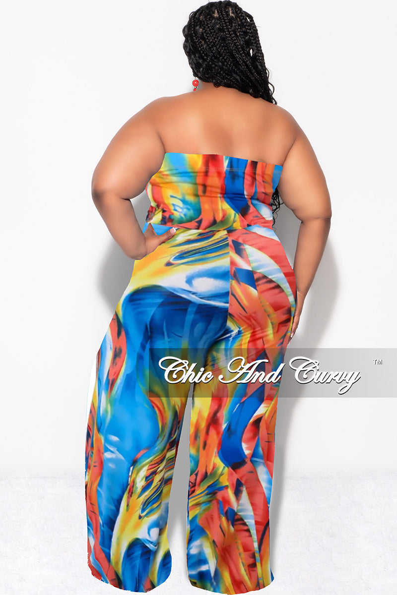 Final Sale Plus Size Strapless Jumpsuit with Waist Tie in Multi Color Print