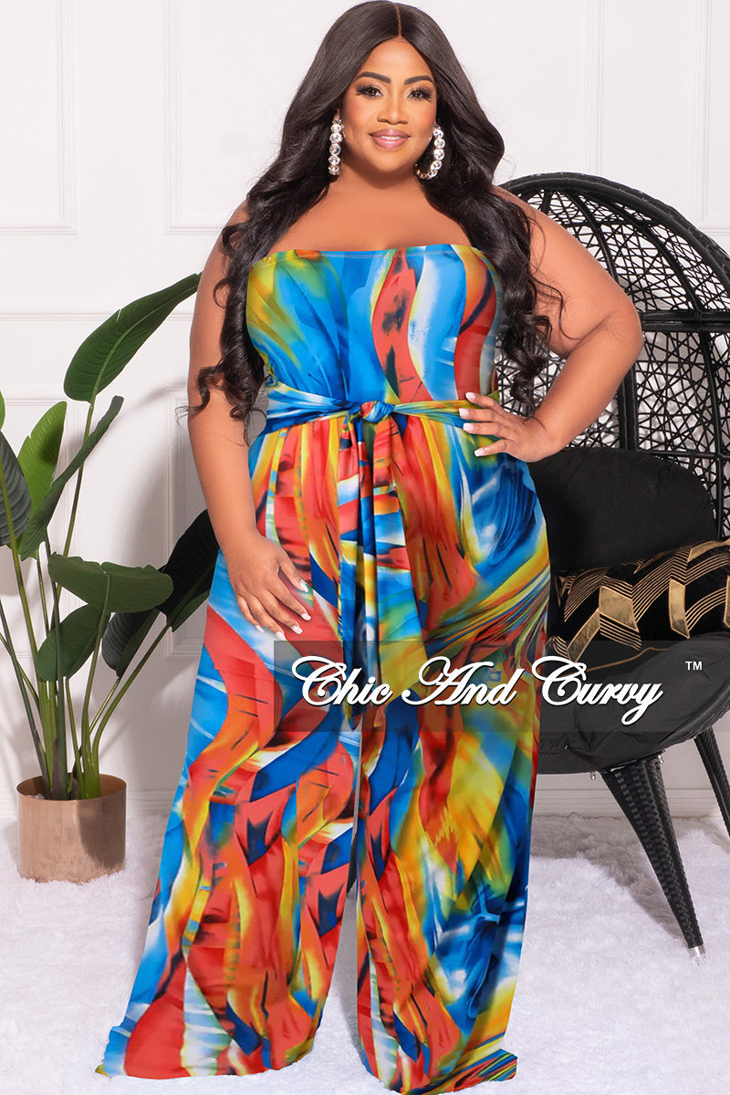 Final Sale Plus Size Strapless Jumpsuit with Waist Tie in Multi Color Print