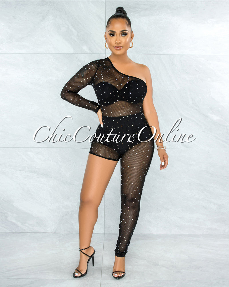 Mason Black Mesh Rhinestones Single Leg Jumpsuit