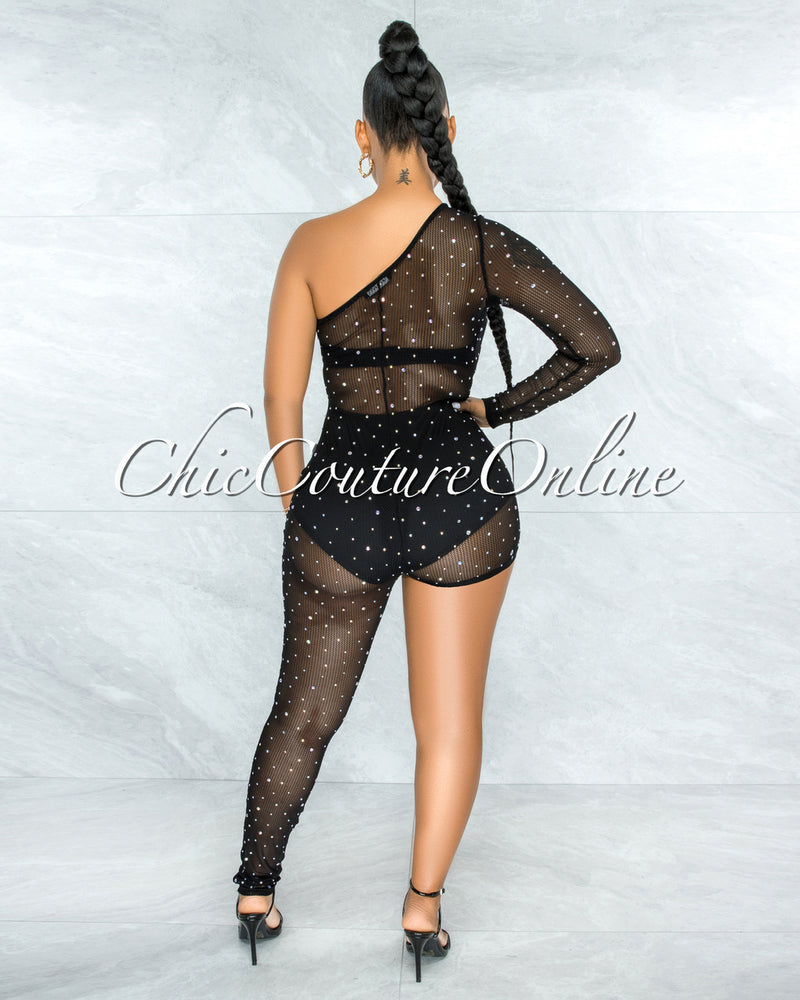 Mason Black Mesh Rhinestones Single Leg Jumpsuit