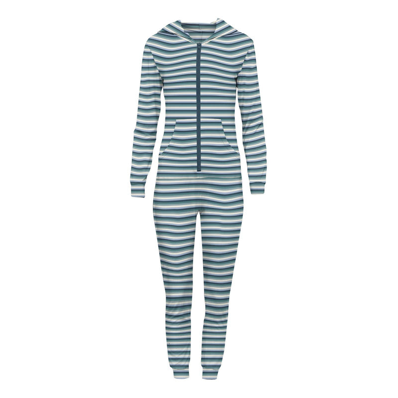 Women's Print Long Sleeve Jumpsuit with Hood in Dino Stripe