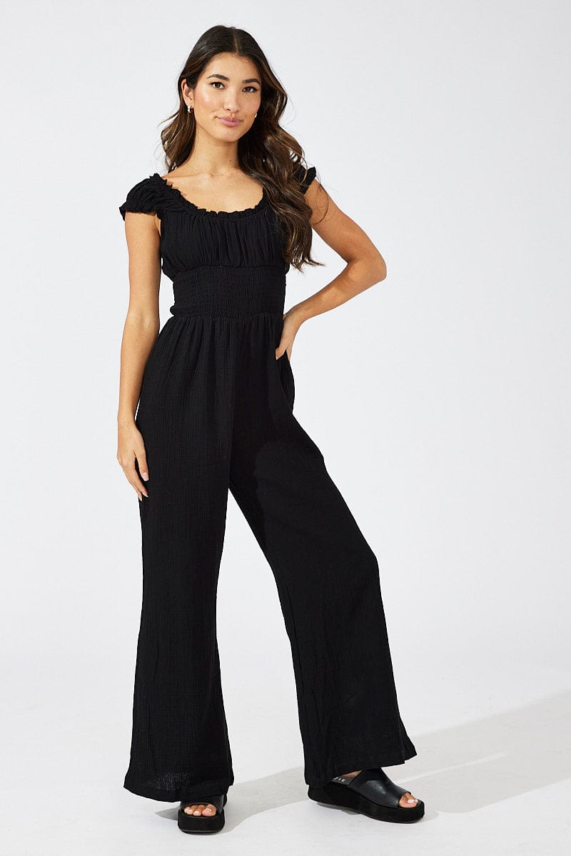 Black Jumpsuit Short Sleeve Off Shoulder Shirred Cotton
