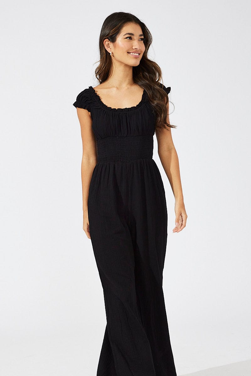 Black Jumpsuit Short Sleeve Off Shoulder Shirred Cotton