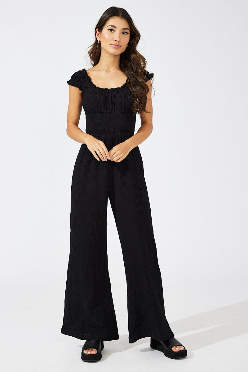 Black Jumpsuit Short Sleeve Off Shoulder Shirred Cotton