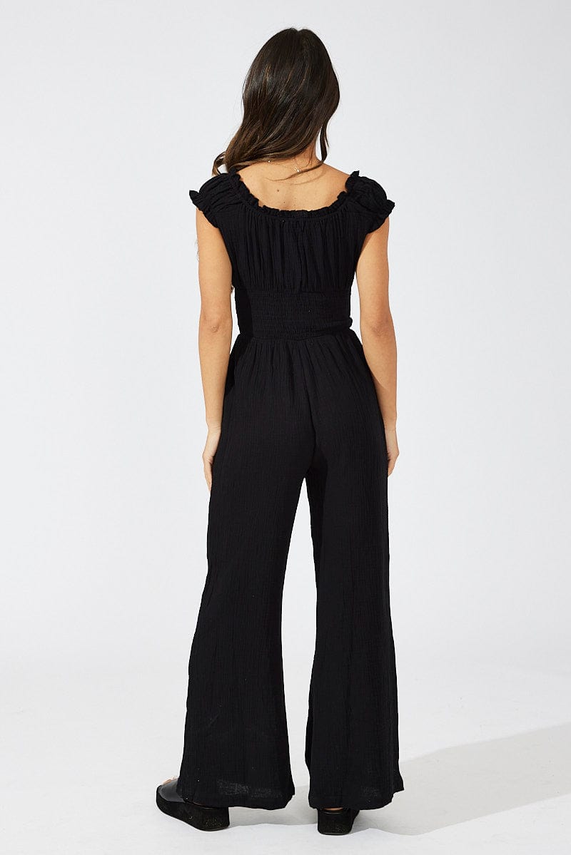 Black Jumpsuit Short Sleeve Off Shoulder Shirred Cotton