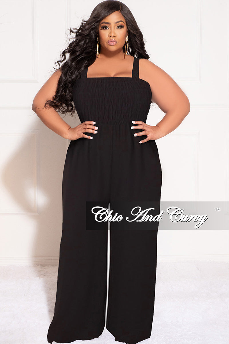 Final Sale Plus Size Sleeveless Shirred Jumpsuit in Black