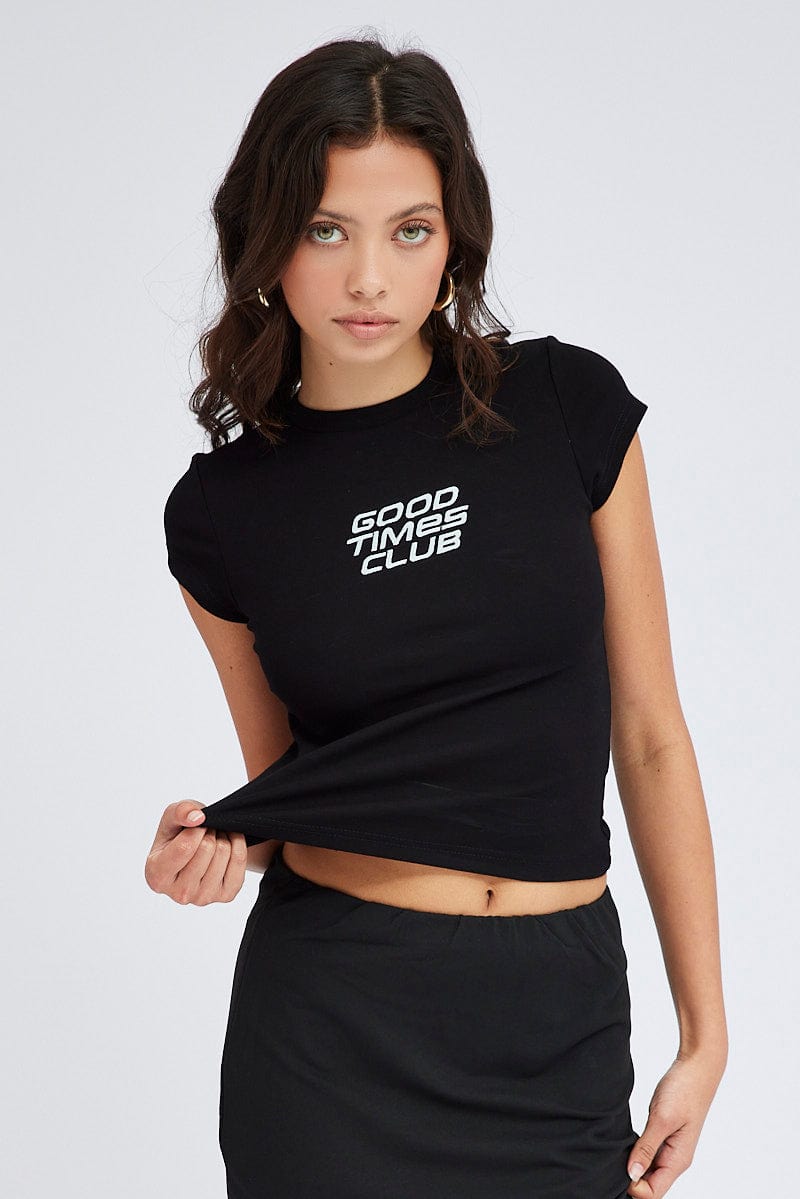 Black Graphic Tee Short sleeve Long Line