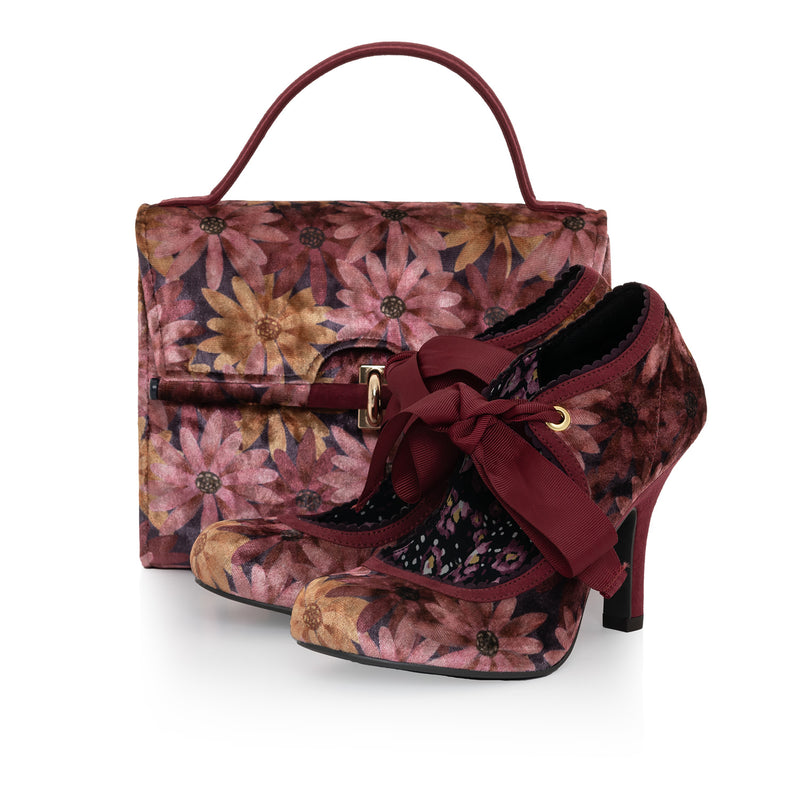 Willow Burgundy Floral High Heel Ribbon Bootie & Matching Malibu Bag by Ruby Shoo