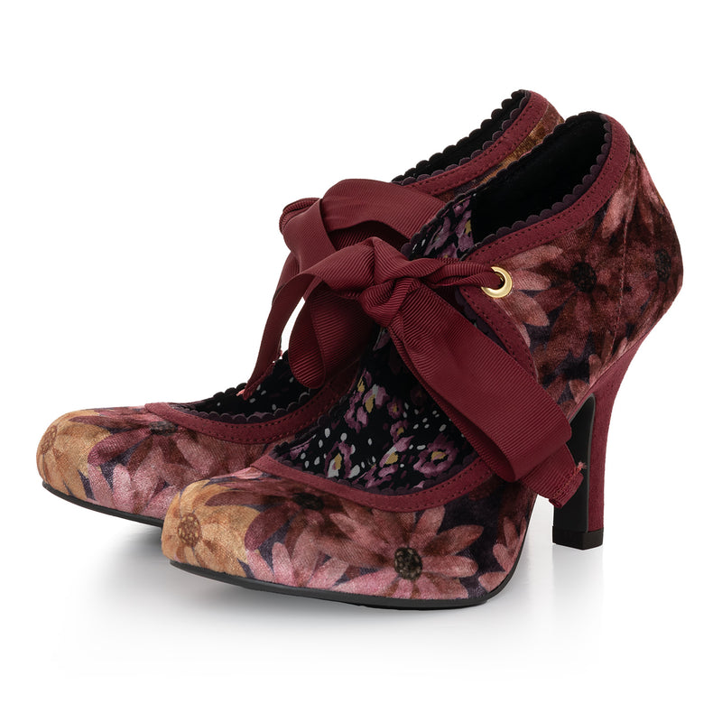 Willow Burgundy Floral High Heel Ribbon Bootie & Matching Malibu Bag by Ruby Shoo