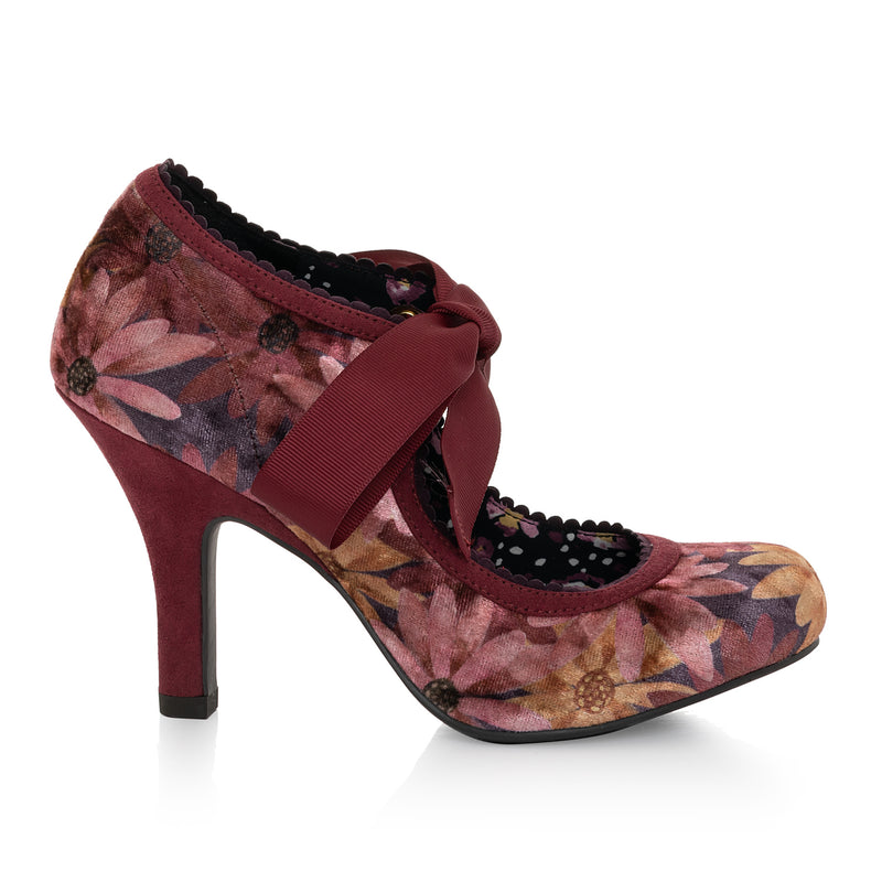 Willow Burgundy Floral High Heel Ribbon Bootie & Matching Malibu Bag by Ruby Shoo