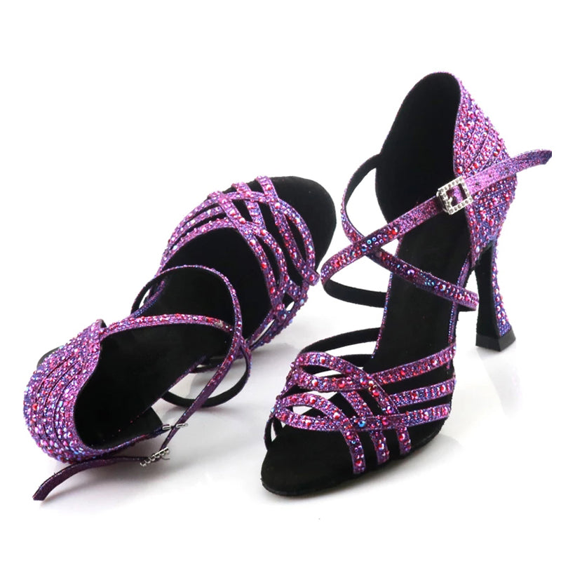 DS Women's Purple Customized Heel Rhinestones Strappy Dance Shoes
