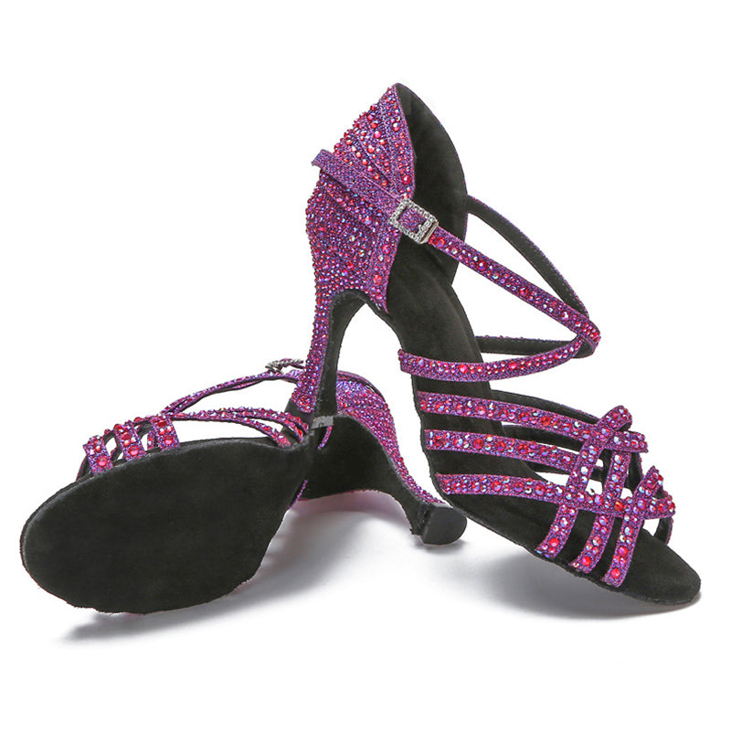 DS Women's Purple Customized Heel Rhinestones Strappy Dance Shoes