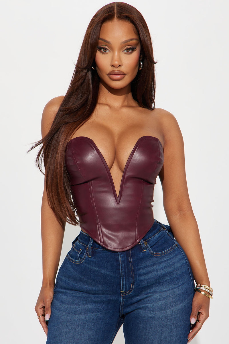 Eyes Up Here Faux Leather Corset Top - Burgundy