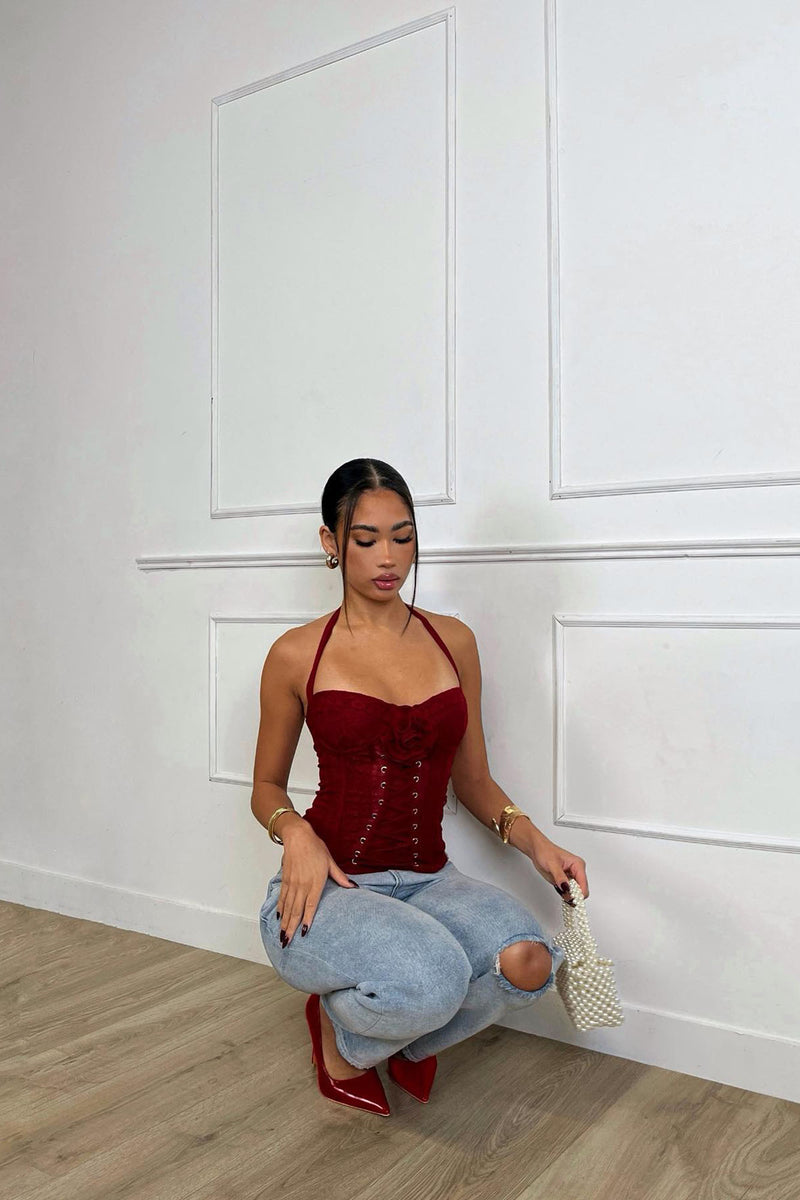 Angelina Lace Up Corset Top - Red