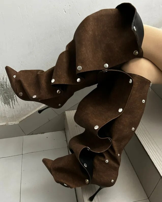 Metal Button Spliced Denim Boots