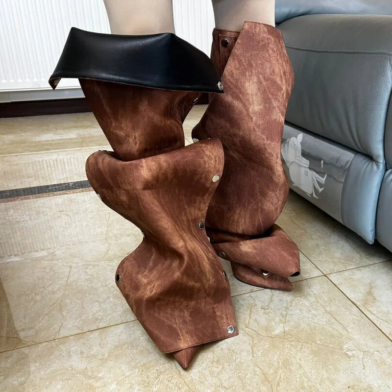 Metal Button Spliced Denim Boots
