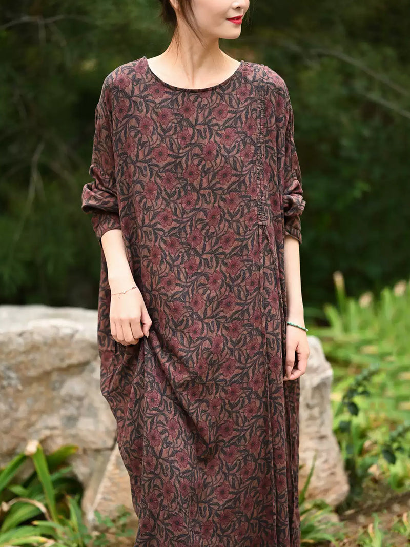 Plus Size Women Spring Retro Flower 100%Cotton O-Neck Loose Dress