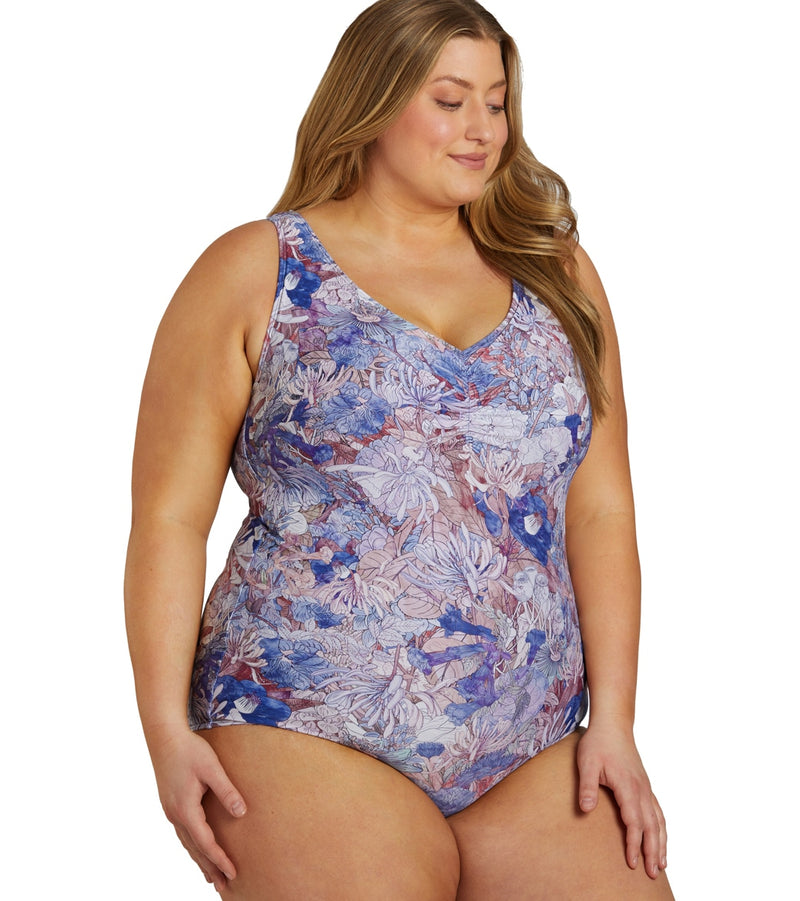 Sporti Plus Size Jungle Floral Conservative Printed Girl Leg One Piece Swimsuit