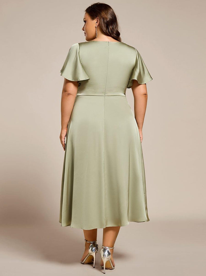 pretty SAIGE|Plus Size V-Neck Satin Midi Wedding Guest Dress with Ruffled Skirt