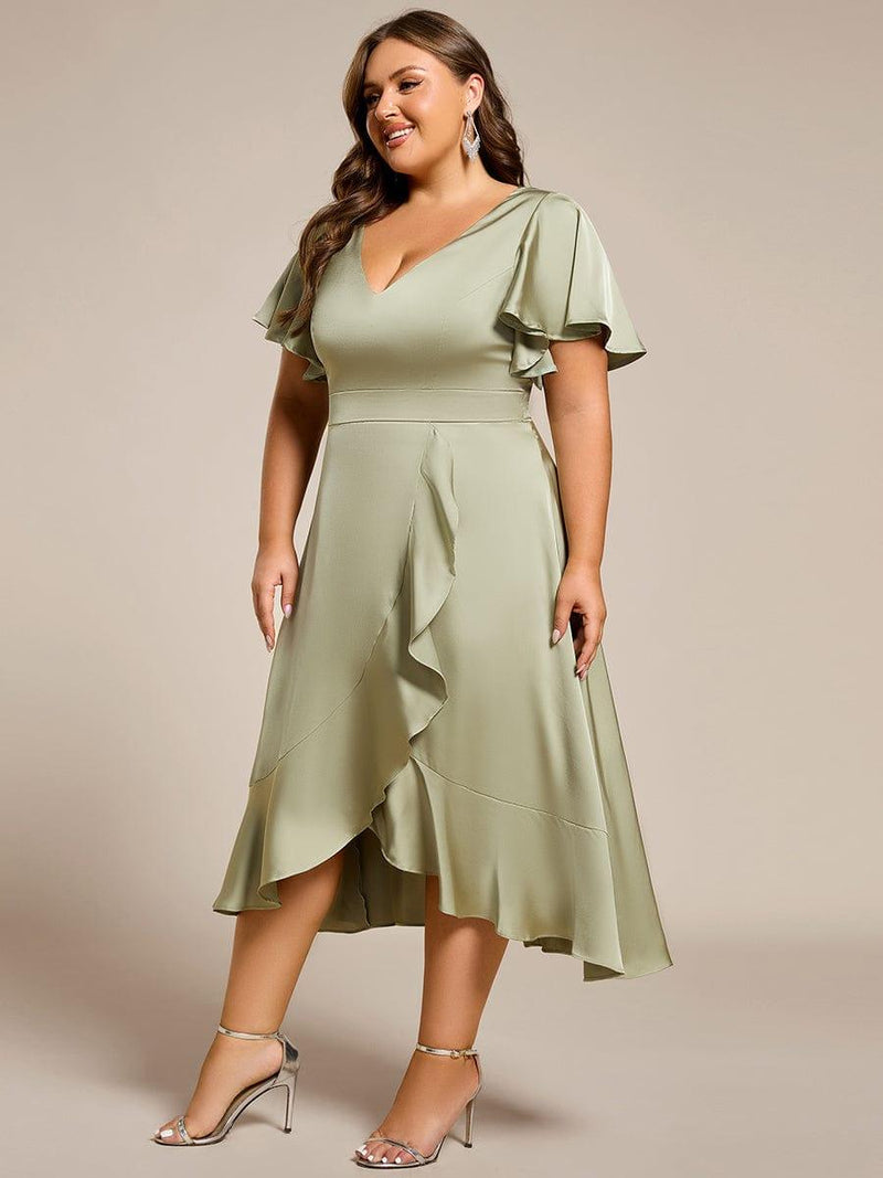 pretty SAIGE|Plus Size V-Neck Satin Midi Wedding Guest Dress with Ruffled Skirt