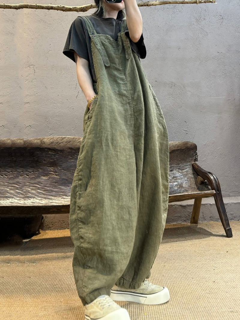 Plus Size Women Summer Retro Pure Color Linen Loose Jumpsuits