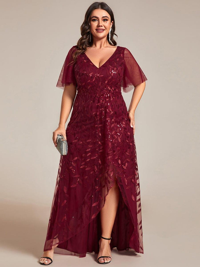 pretty ALIX|Plus Size V-Neck High Slit Sequined Evening Dresses