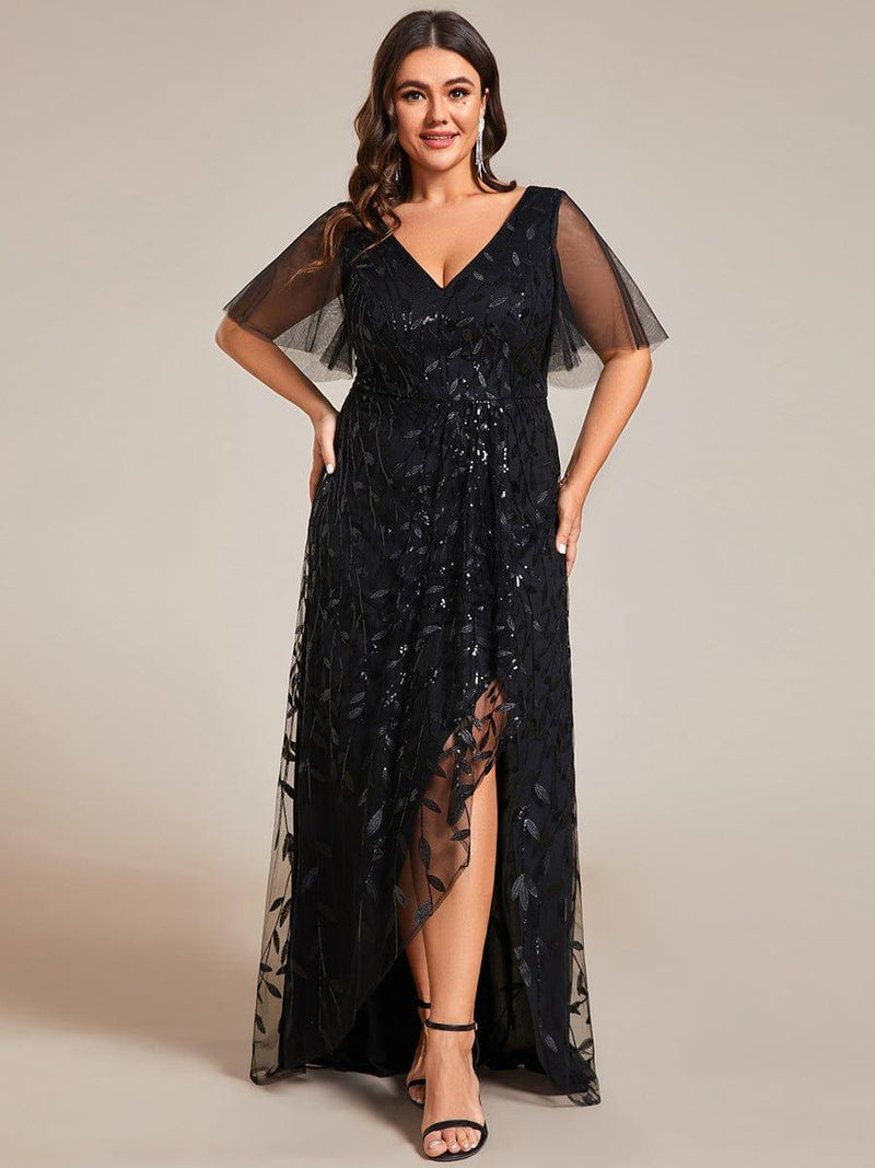 pretty ALIX|Plus Size V-Neck High Slit Sequined Evening Dresses