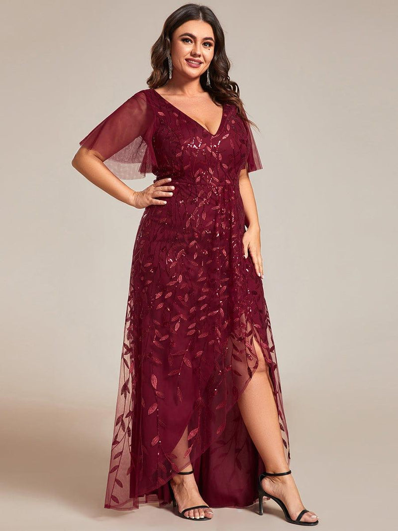 pretty ALIX|Plus Size V-Neck High Slit Sequined Evening Dresses