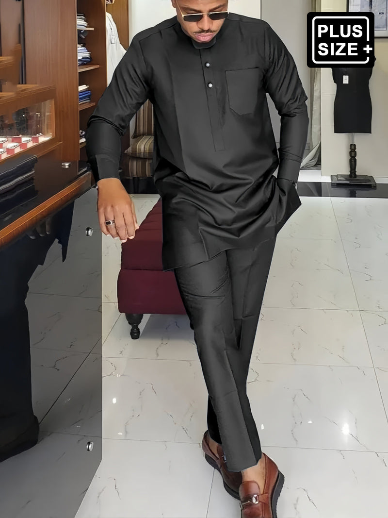 Plus Size African Plain Black Long Sleeve Men's Set