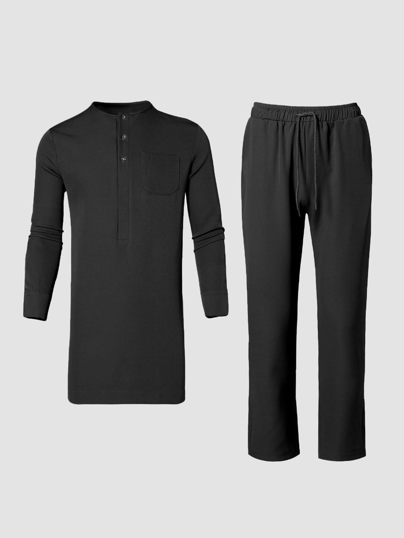 Plus Size African Plain Black Long Sleeve Men's Set