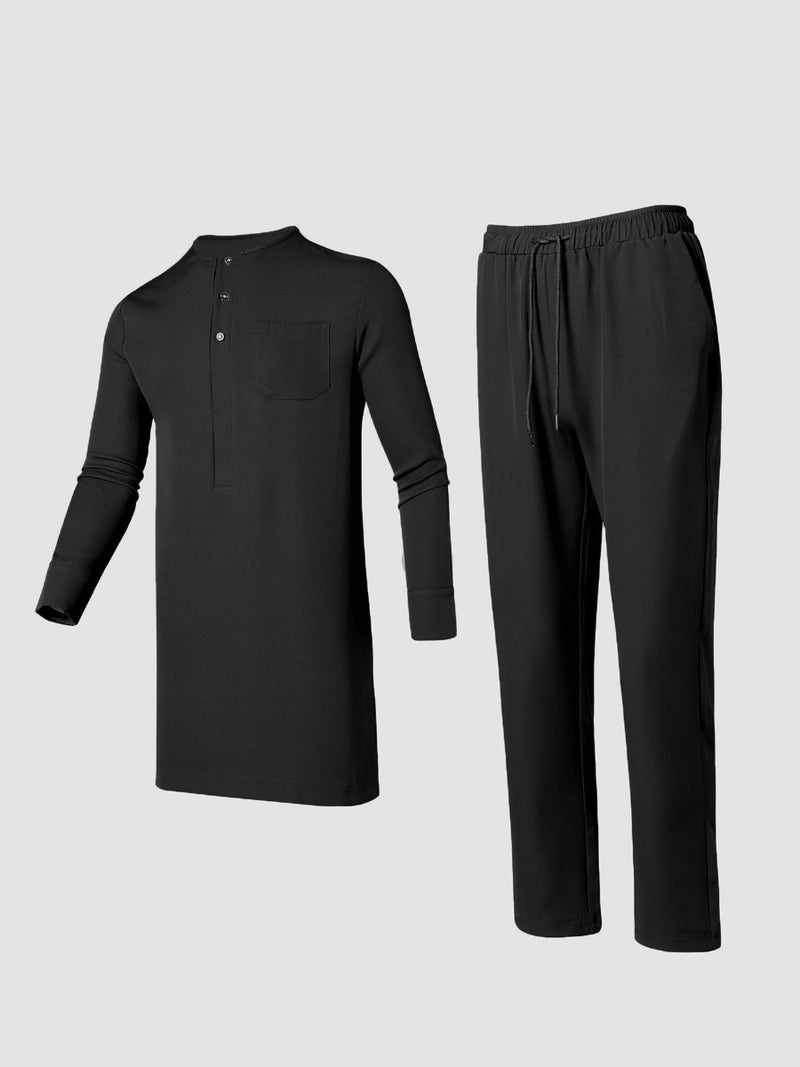 Plus Size African Plain Black Long Sleeve Men's Set