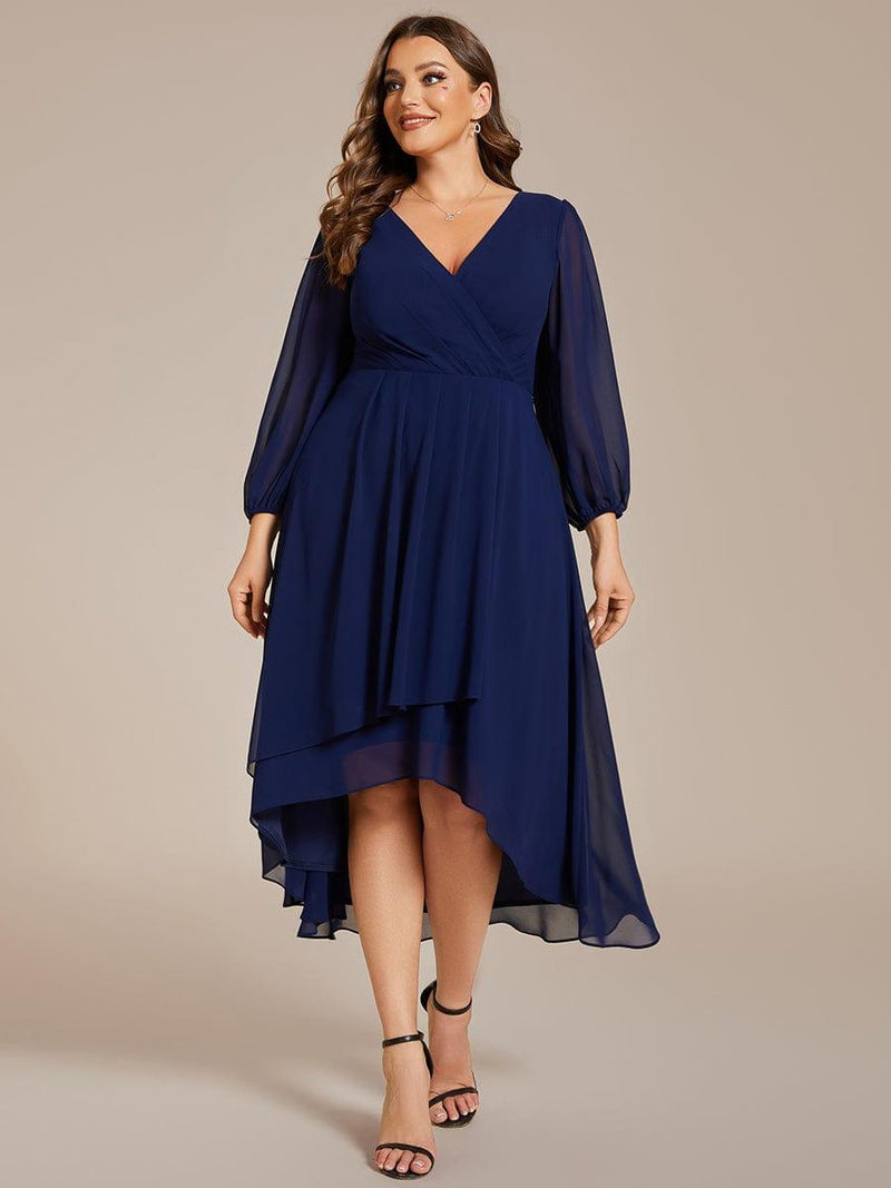 pretty BRIAR|Plus Size Long Sleeve V-Neck Chiffon High Low Wedding Guest Dress
