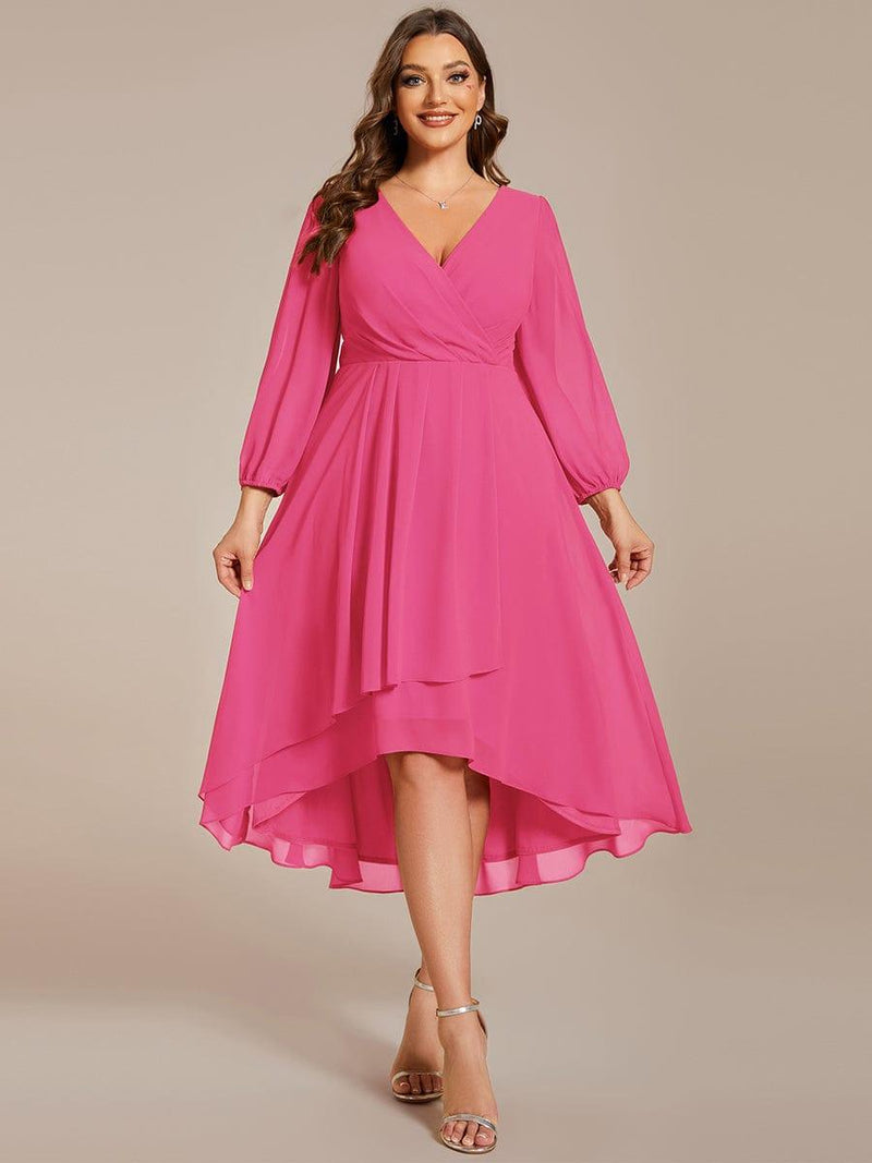 pretty BRIAR|Plus Size Long Sleeve V-Neck Chiffon High Low Wedding Guest Dress