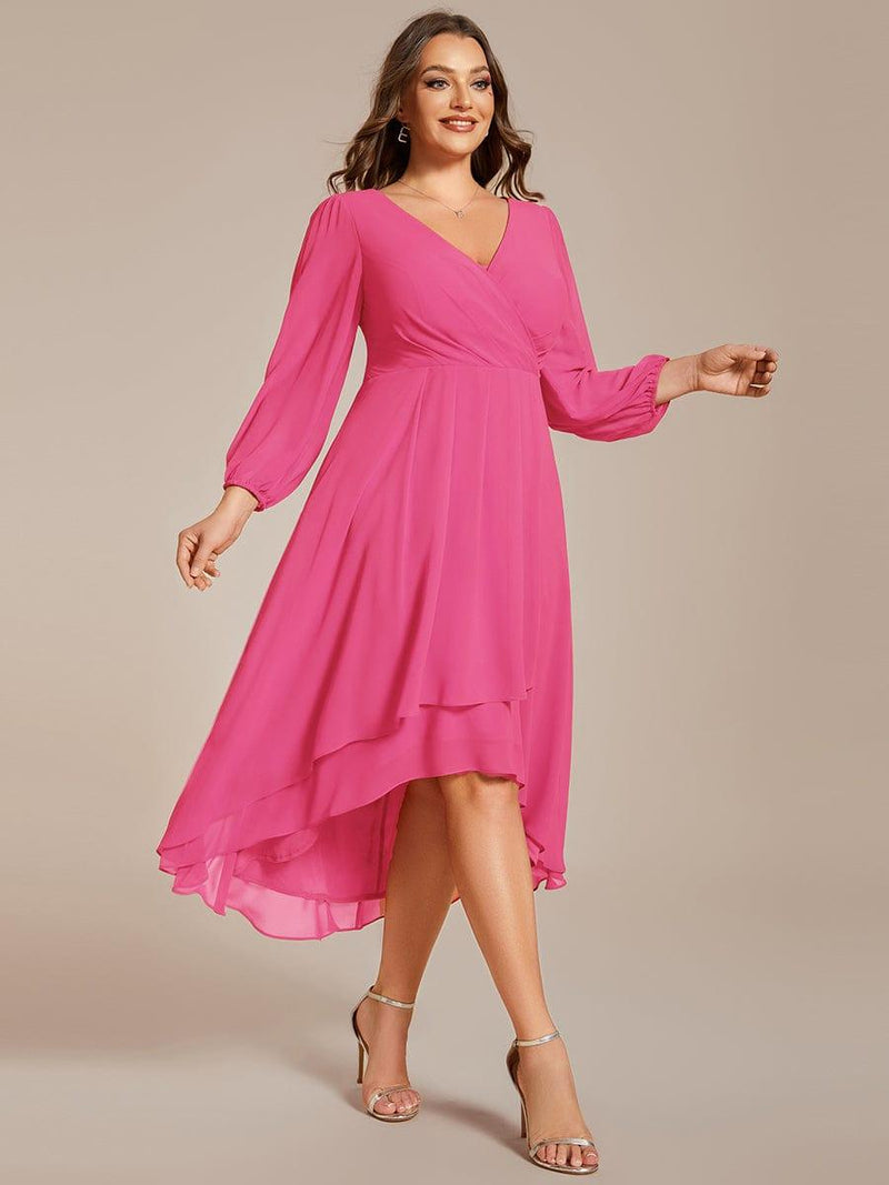 pretty BRIAR|Plus Size Long Sleeve V-Neck Chiffon High Low Wedding Guest Dress
