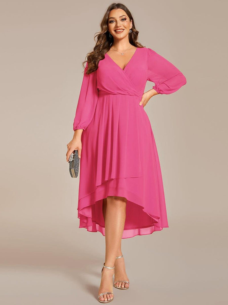 pretty BRIAR|Plus Size Long Sleeve V-Neck Chiffon High Low Wedding Guest Dress