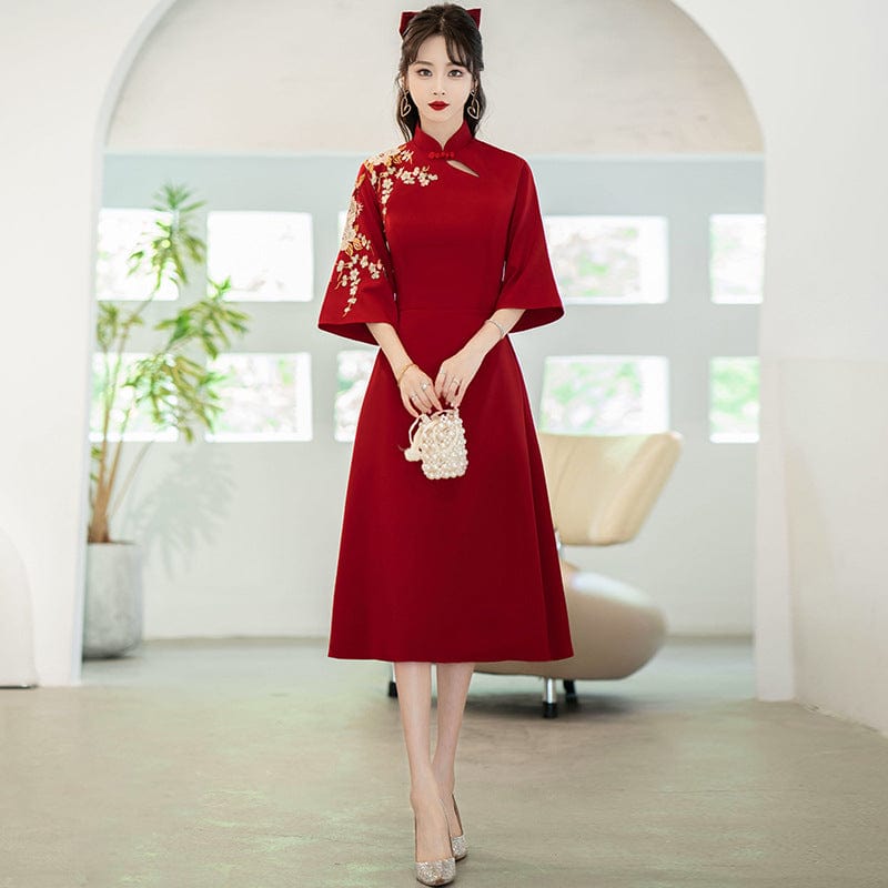 Floral embroidery, A line, burgundy plus size Qipao