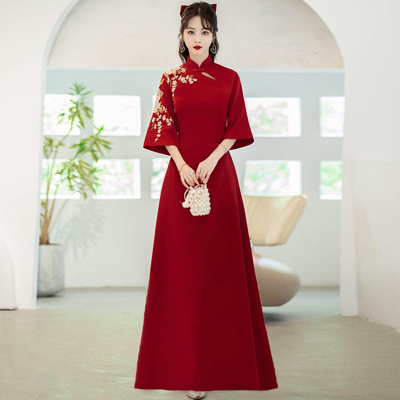 Floral embroidery, A line, burgundy plus size Qipao