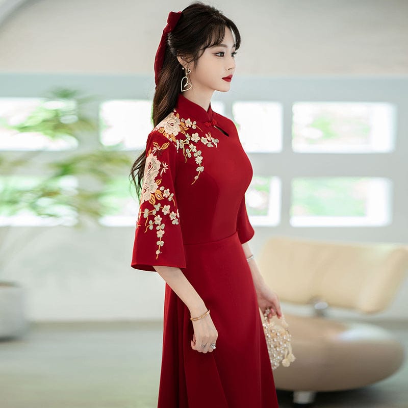 Floral embroidery, A line, burgundy plus size Qipao