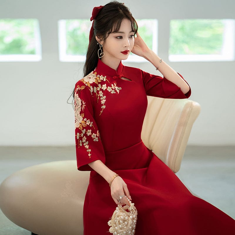 Floral embroidery, A line, burgundy plus size Qipao