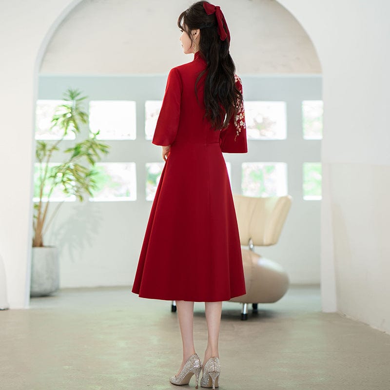 Floral embroidery, A line, burgundy plus size Qipao