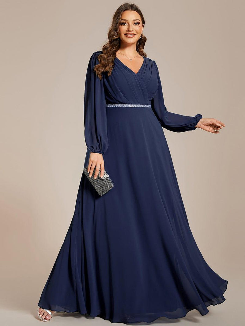 pretty ESMÉE|Plus Size Pleated Double V-Neck Long Sleeves Shiny Belt Chiffon Evening Dress