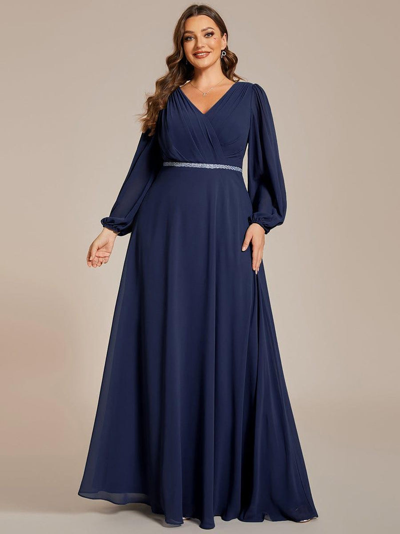 pretty ESMÉE|Plus Size Pleated Double V-Neck Long Sleeves Shiny Belt Chiffon Evening Dress