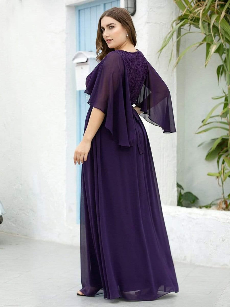Women's Floor Length Deep V Neck Plus Size Evening Dress with Lace