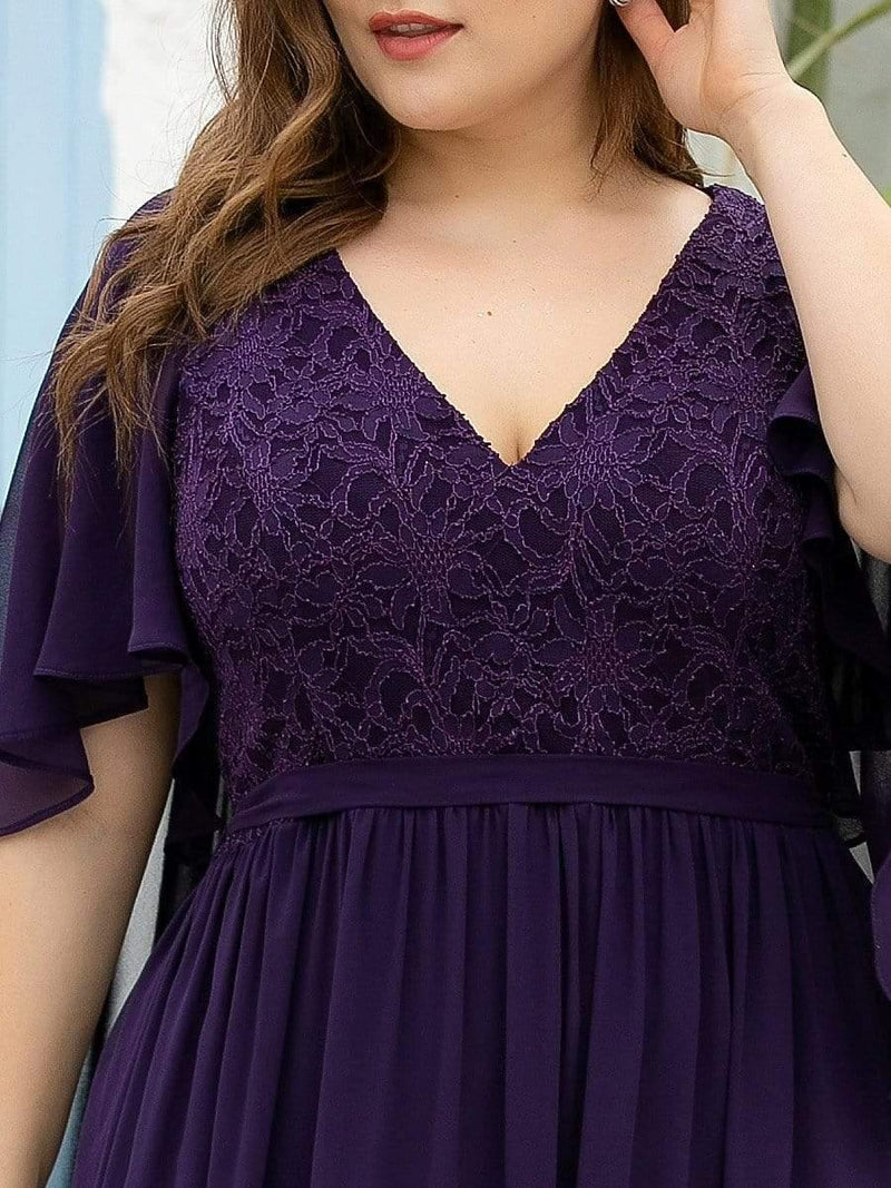 Women's Floor Length Deep V Neck Plus Size Evening Dress with Lace